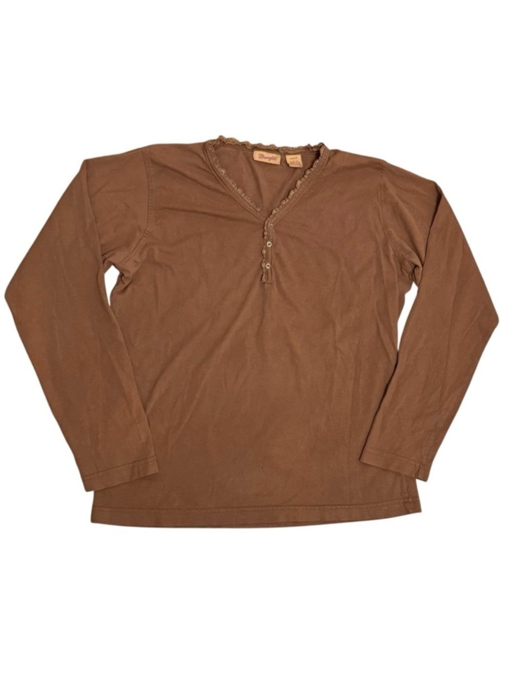 Wrangler Y2K Lace Trim Henley Long Sleeve T-Shirt Women Large Chocolate Brown